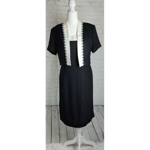 Vintage Dress & Bolero Set Black White Floral Trim Career Cocktail Size M